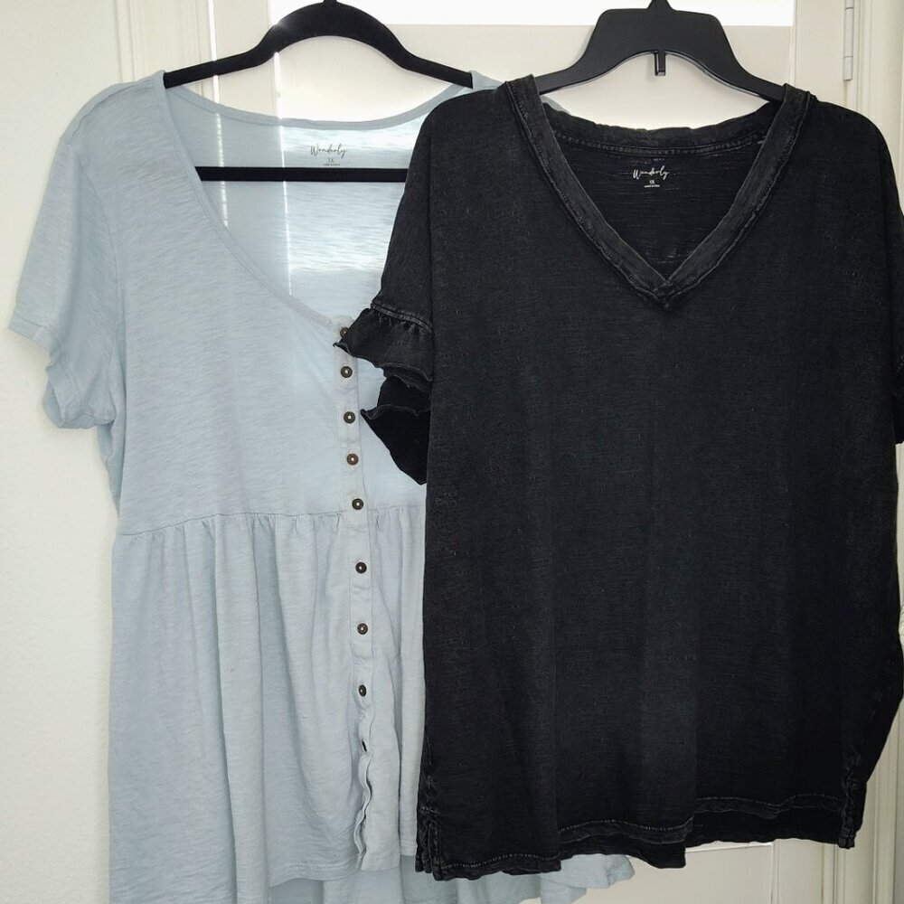 2-Wonderly Short Sleeve Tee's V-Neckline 1-Acid Wash Black1-Blue Women’s 1X
